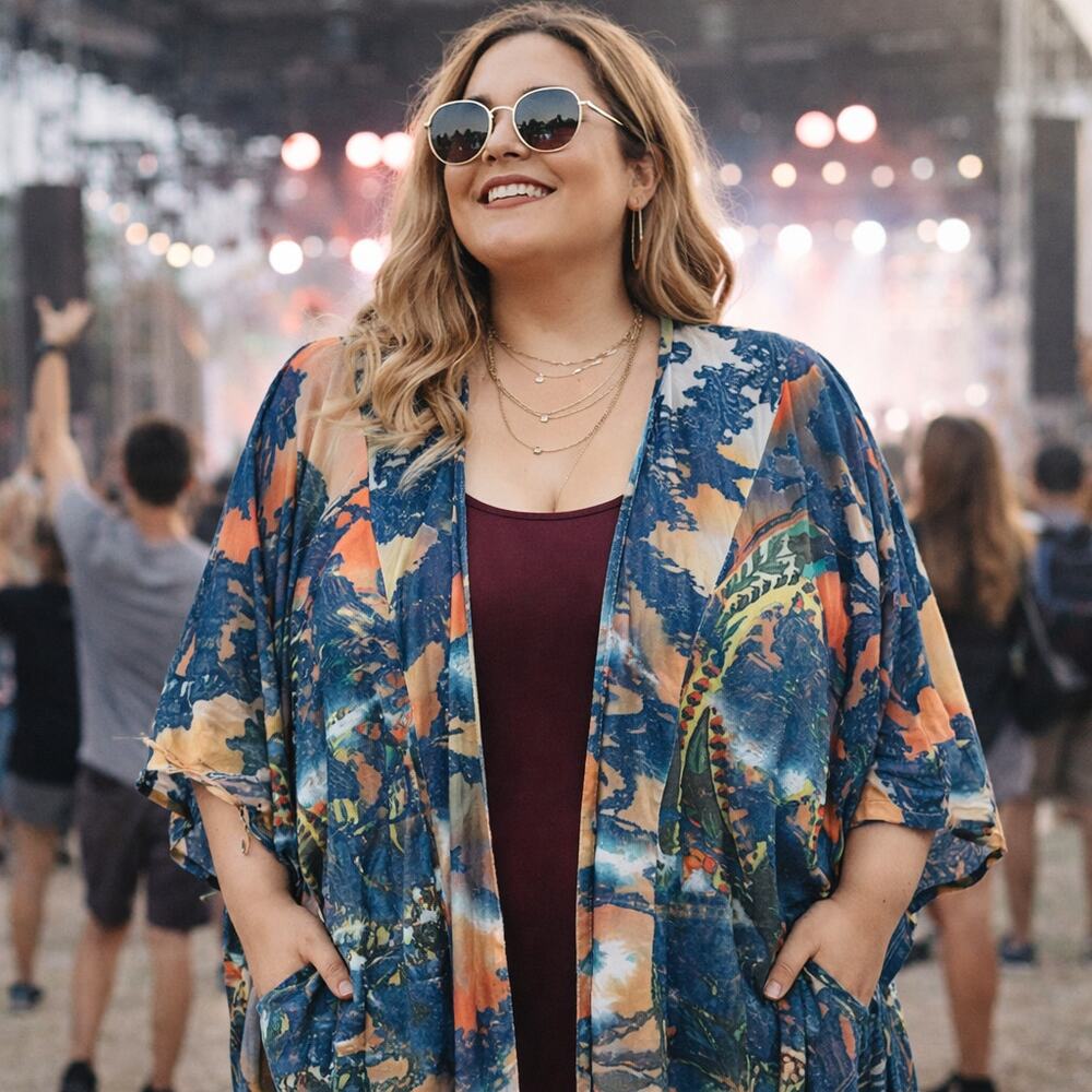 Caleosa Women’s 2X Burnout Boho Kimono Cardigan Blue Aztec Open Front Plus Size